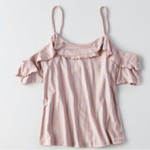 Pink Striped Ruffle Off The Shoulder Top